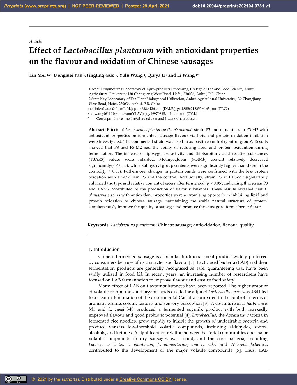 Effect of Lactobacillus Plantarum with Antioxidant Properties on the Flavour and Oxidation of Chinese Sausages