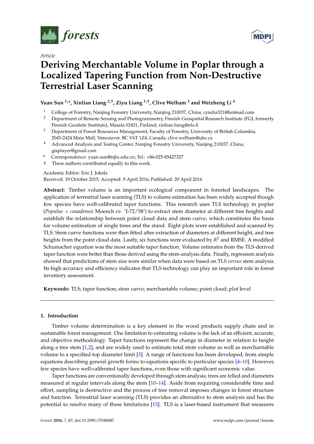 Deriving Merchantable Volume in Poplar Through a Localized Tapering Function from Non-Destructive Terrestrial Laser Scanning