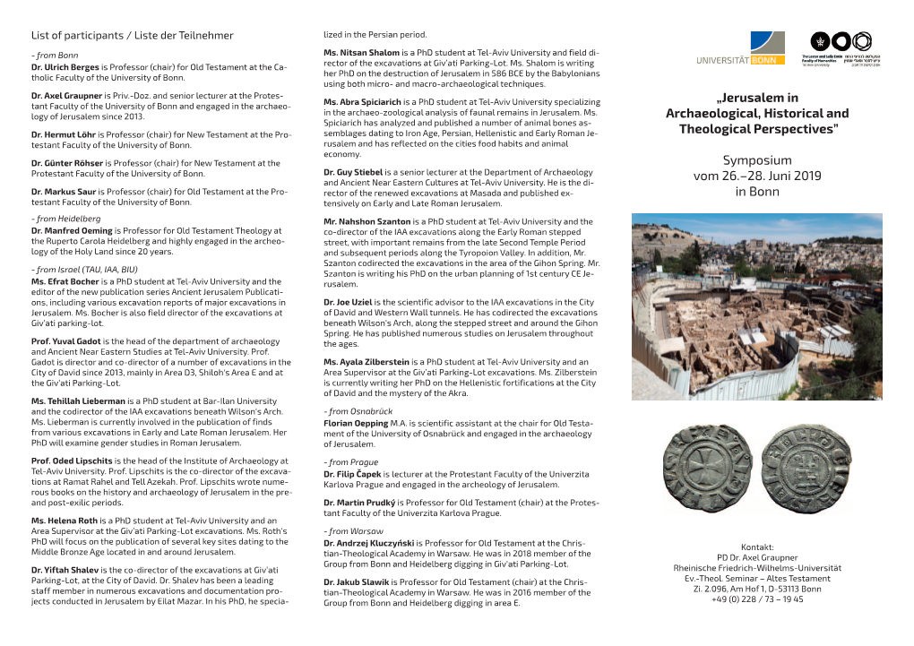 „Jerusalem in Archaeological, Historical and Theological Perspectives” Symposium Vom 26.–28. Juni 2019 in Bonn