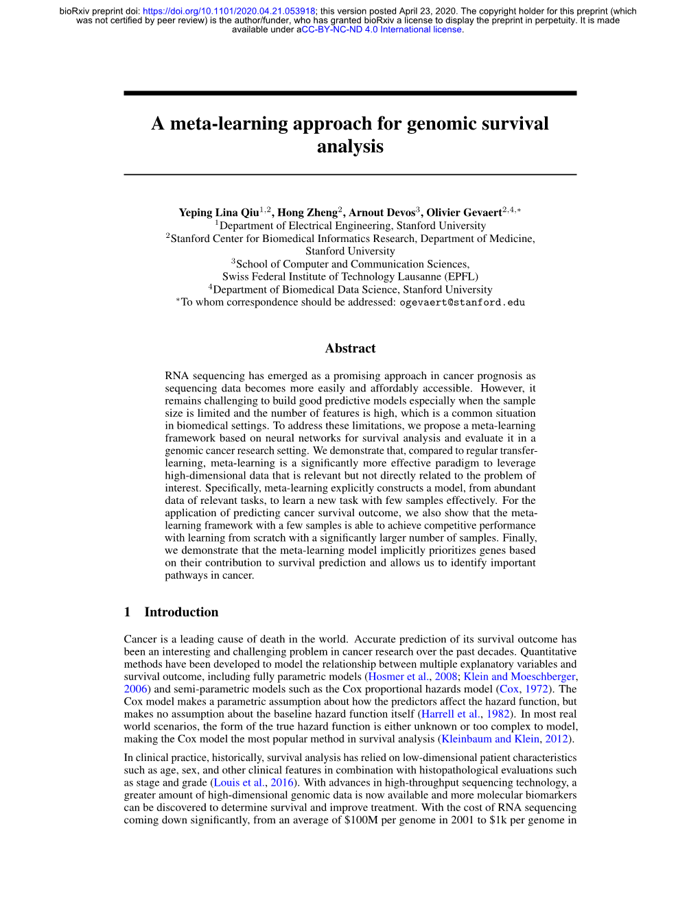 A Meta-Learning Approach for Genomic Survival Analysis