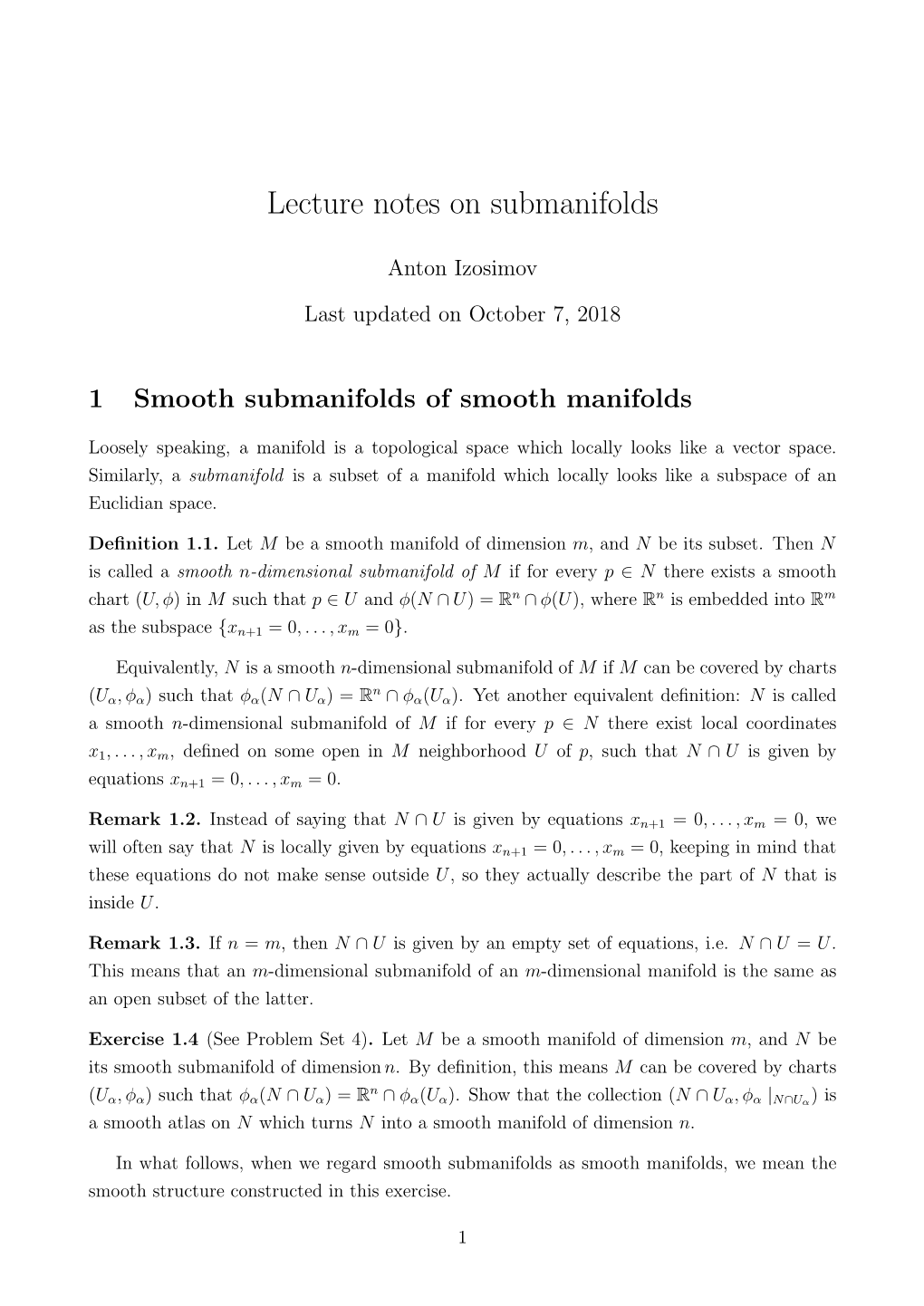 Lecture Notes on Submanifolds