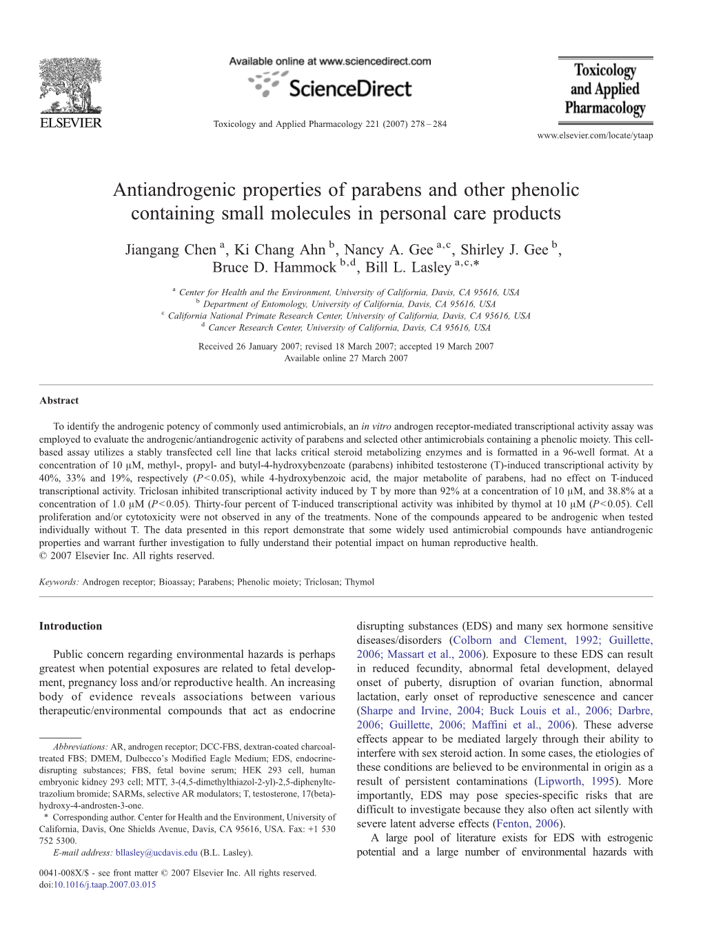 Antiandrogenic Properties of Parabens and Other Phenolic Containing Small Molecules in Personal Care Products