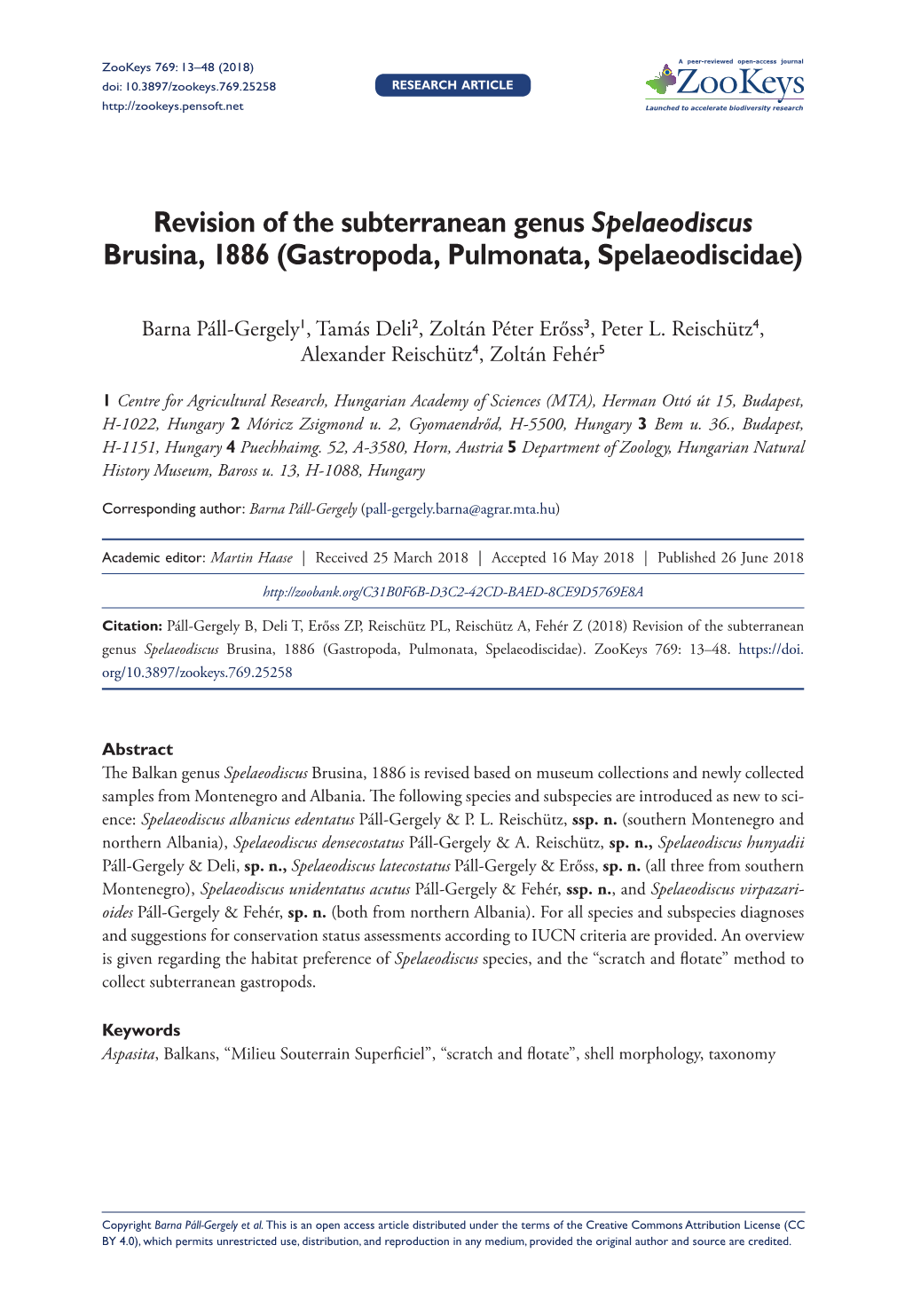 Revision of the Subterranean Genus Spelaeodiscus Brusina, 1886 (Gastropoda, Pulmonata, Spelaeodiscidae)