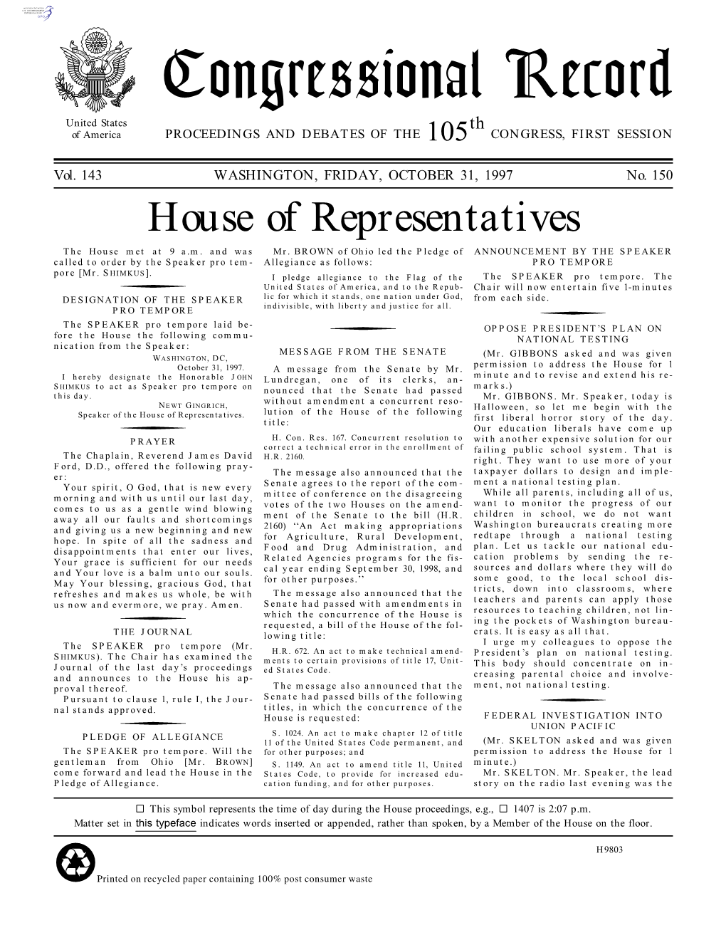 Congressional Record United States Th of America PROCEEDINGS and DEBATES of the 105 CONGRESS, FIRST SESSION