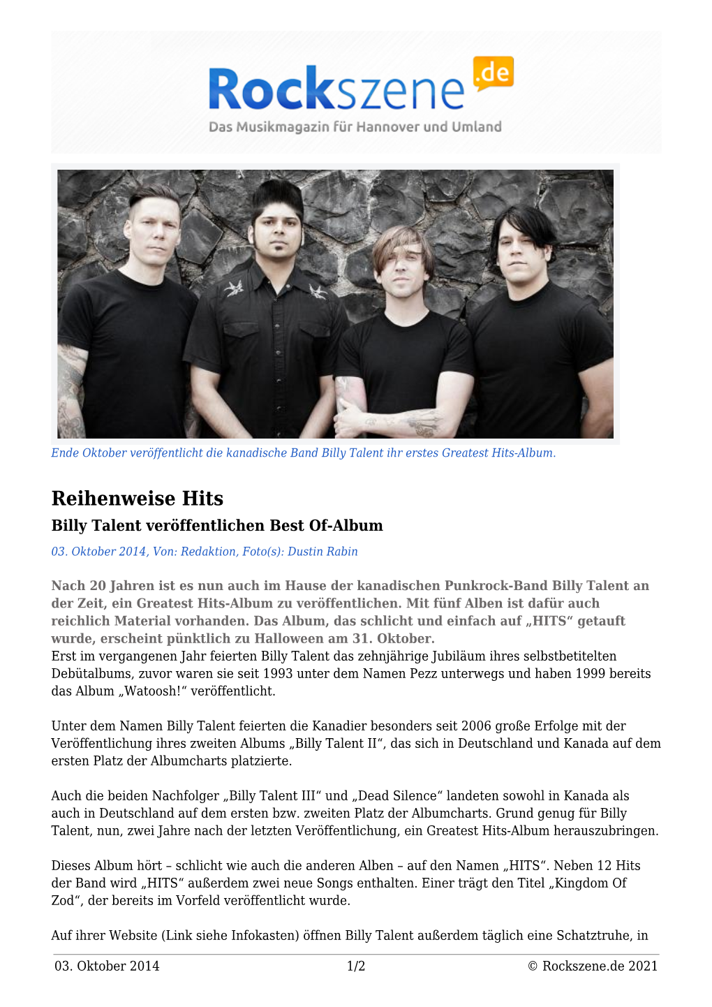 Reihenweise Hits Billy Talent Veröffentlichen Best Of-Album