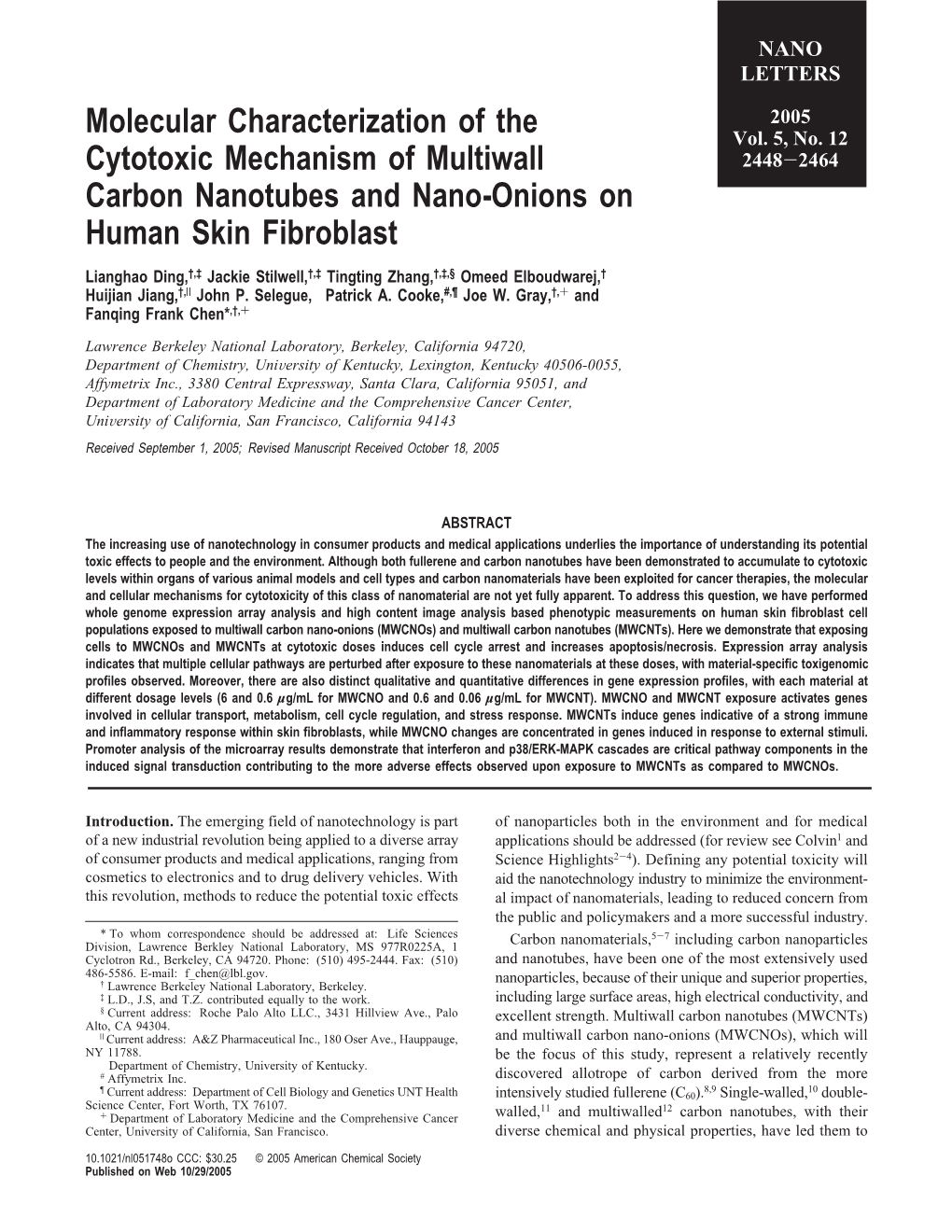 Molecular Characterization of the Cytotoxic Mechanism of Multiwall