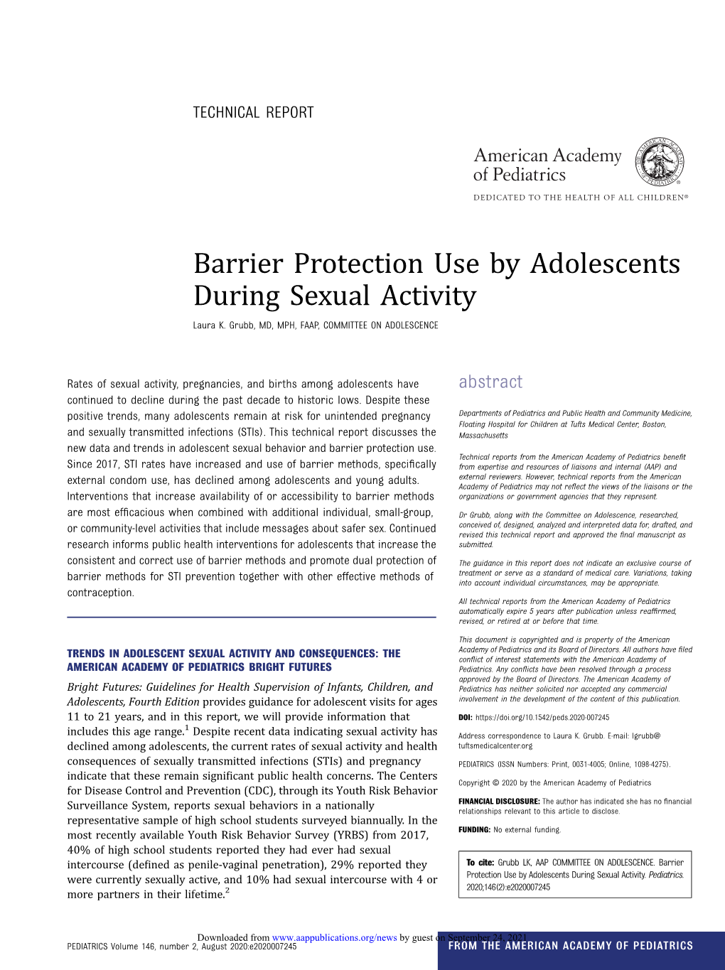 Barrier Protection Use by Adolescents During Sexual Activity Laura K