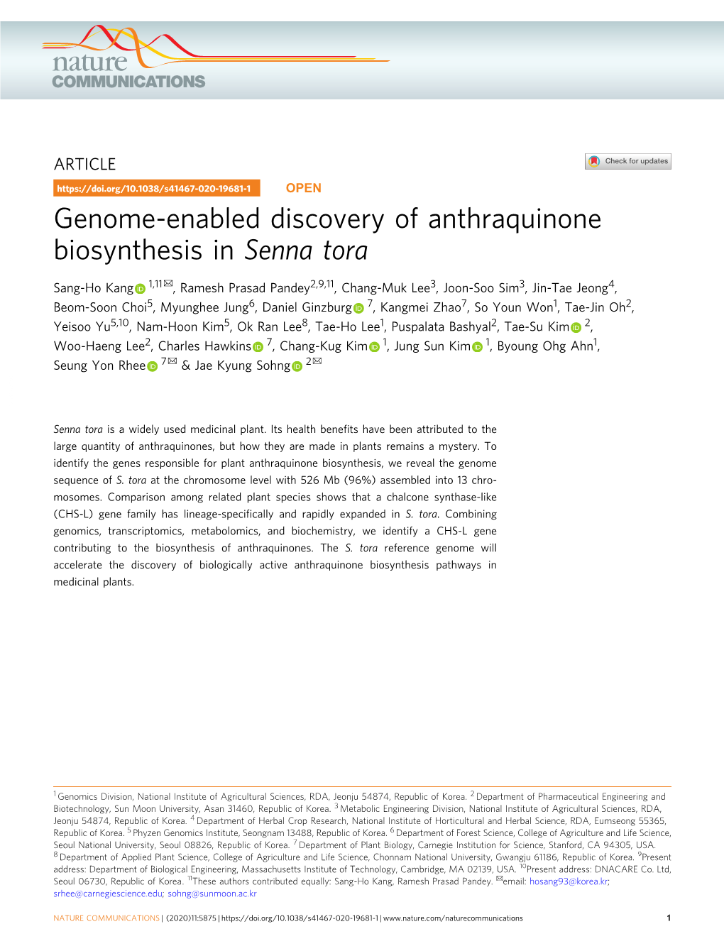 Genome-Enabled Discovery of Anthraquinone Biosynthesis in Senna Tora