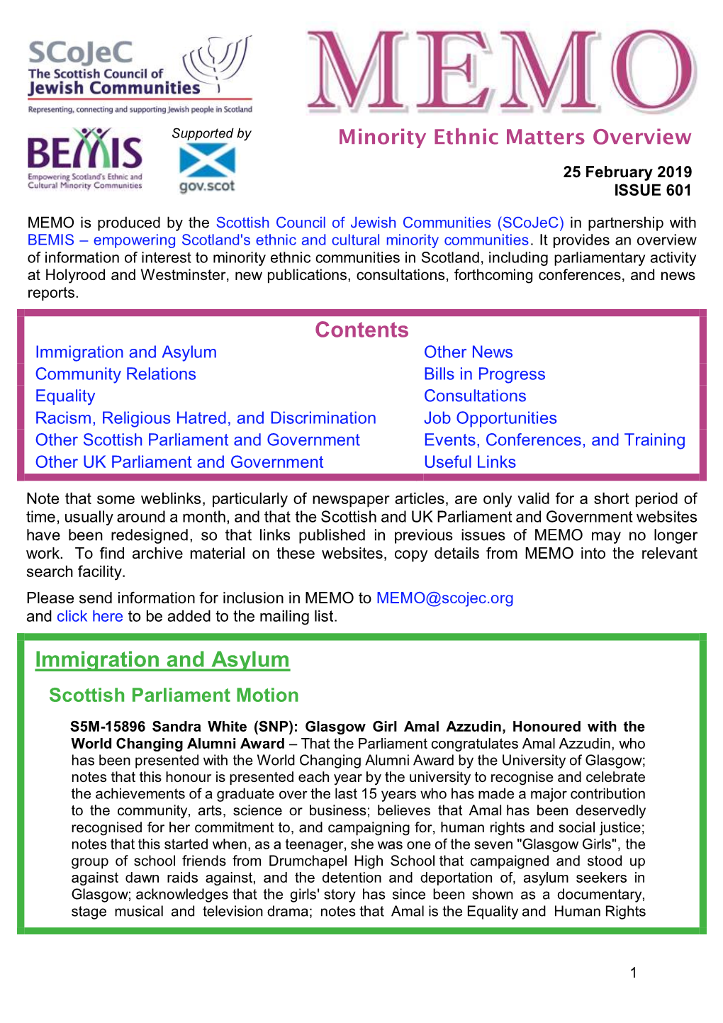 MEMO Is Produced by the Scottish Council of Jewish Communities (Scojec) in Partnership with BEMIS – Empowering Scotland's Ethnic and Cultural Minority Communities