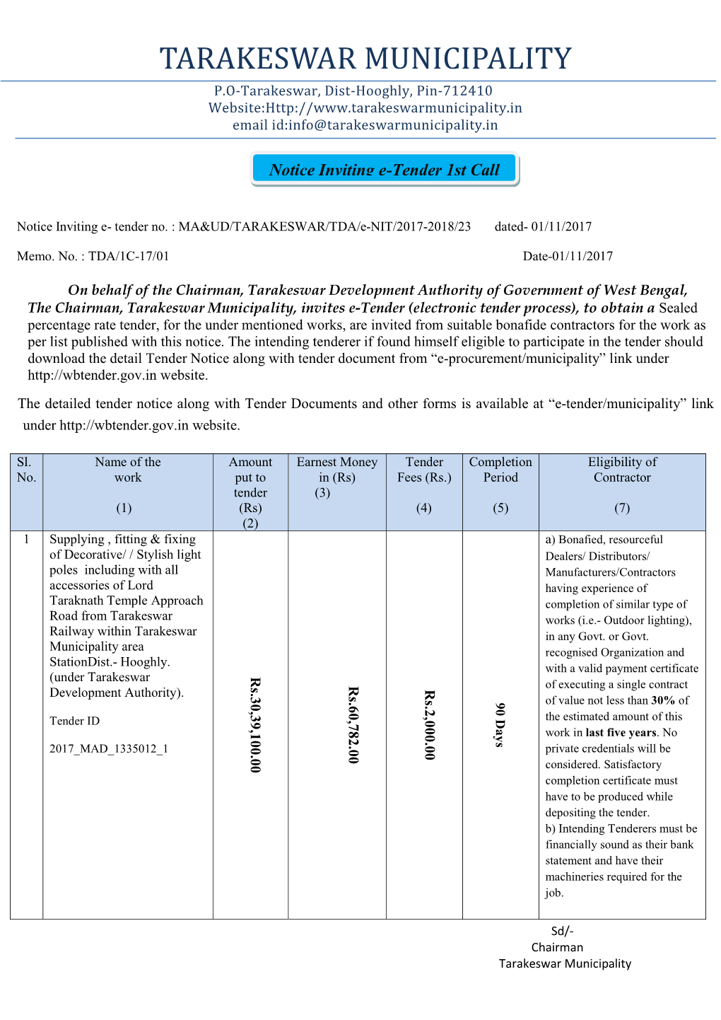 TARAKESWAR MUNICIPALITY P.O-Tarakeswar, Dist-Hooghly, Pin-712410 Website: Email Id:Info@Tarakeswarmunicipality.In