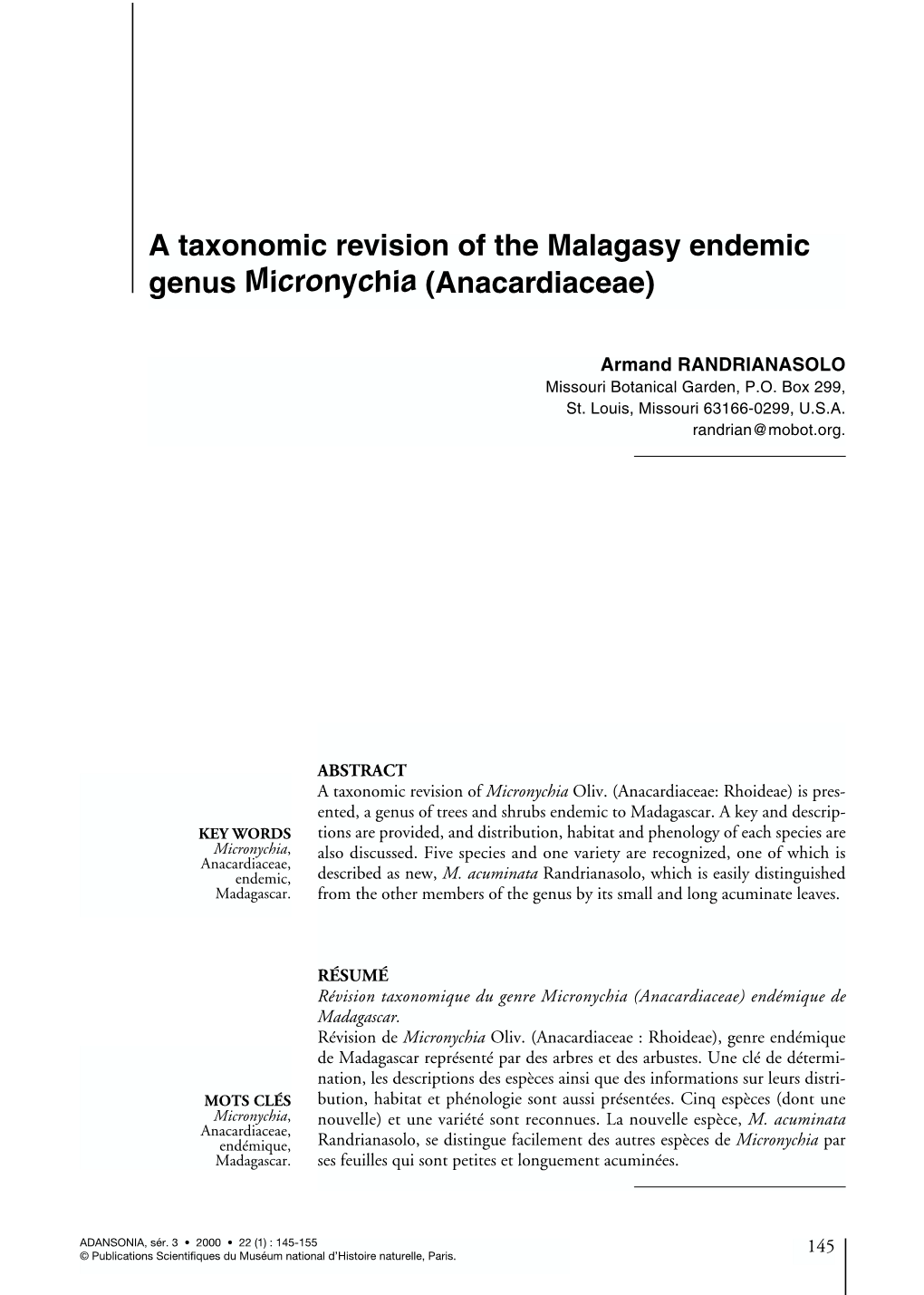A Taxonomic Revision of the Malagasy Endemic Genus Micronychia (Anacardiaceae)
