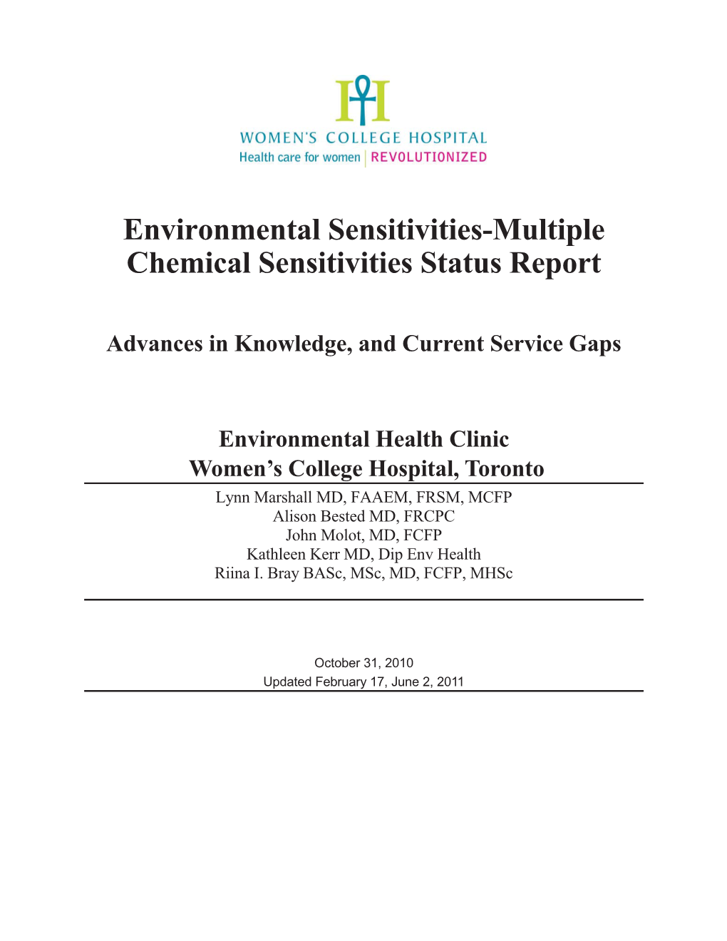 Environmental Sensitivities-Multiple Chemical Sensitivities Status Report