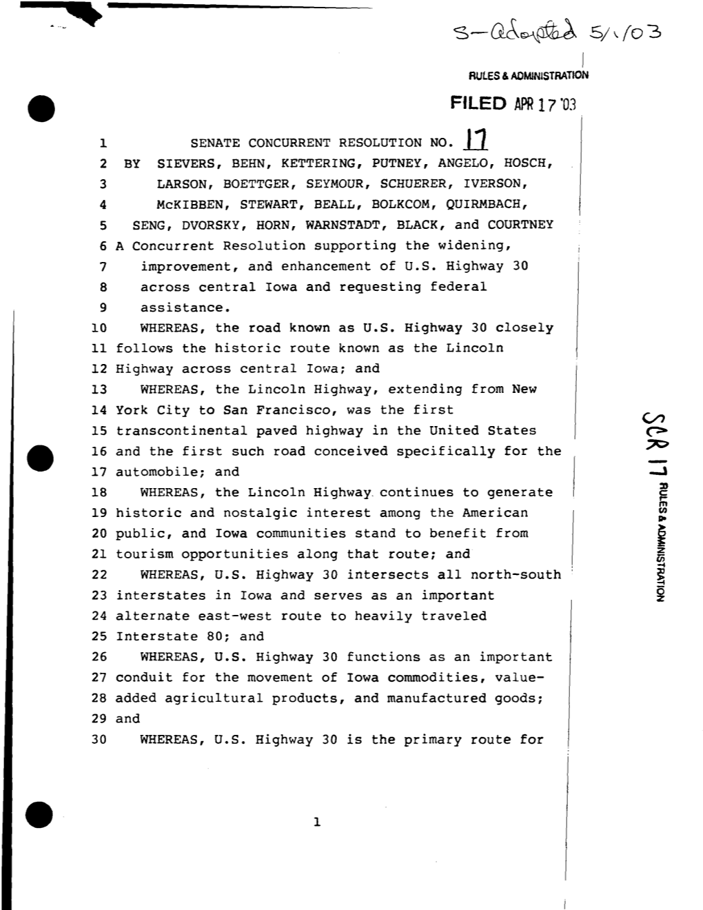 $--A~~~ 5/,(03 I RULES & ADMINISTRATION FILED APR 17 '03