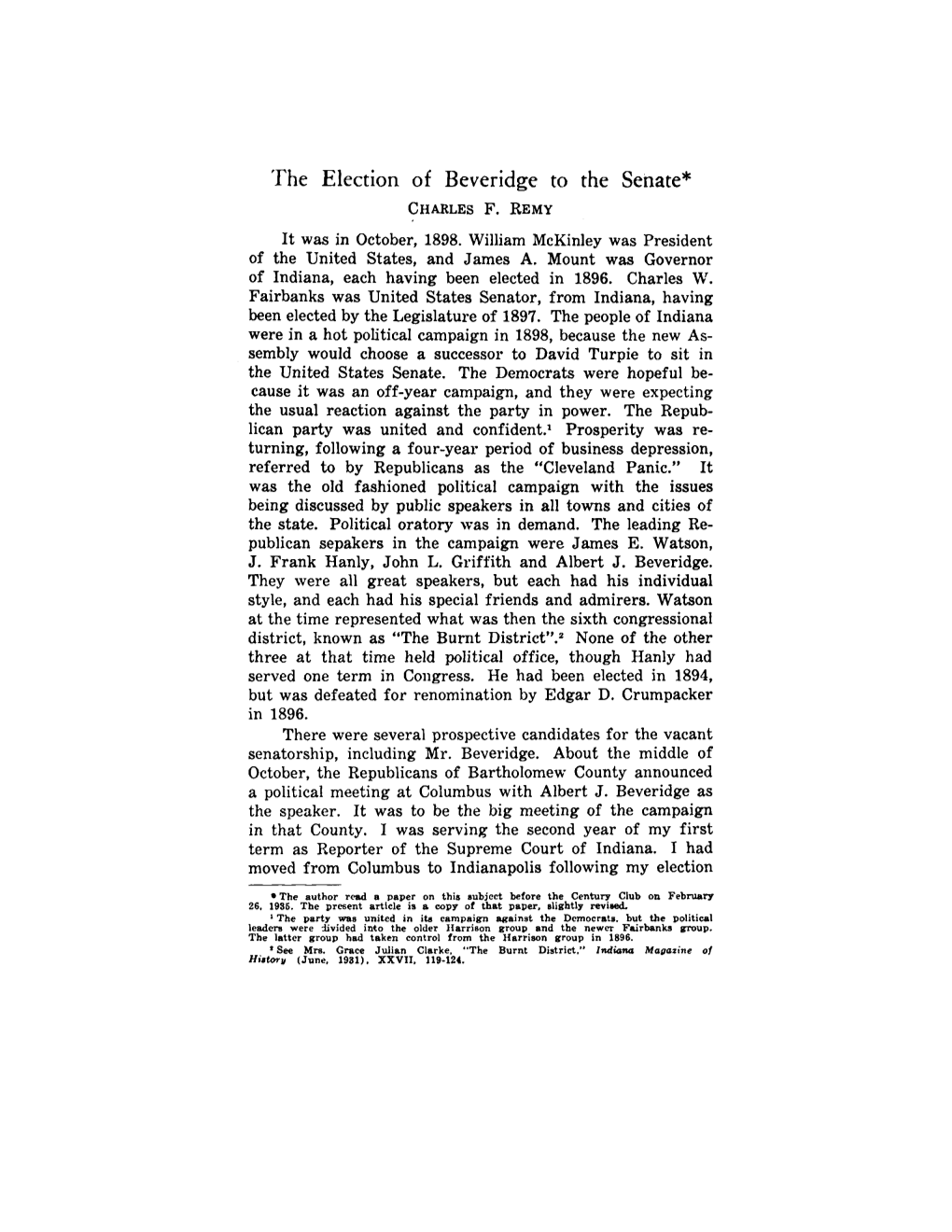 The Election of Beveridge to the Senate* CHARLESF