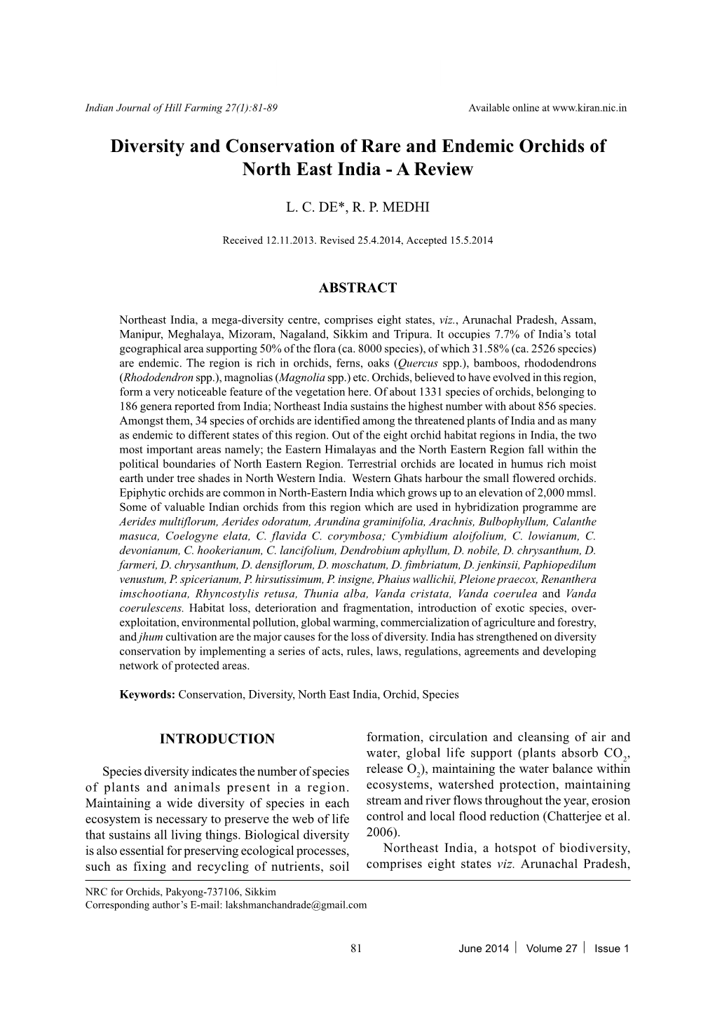 Diversity and Conservation of Rare and Endemic Orchids of North East India - a Review