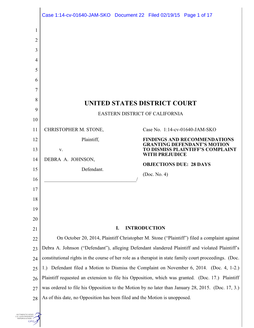 United States District Court 9 Eastern District of California 10