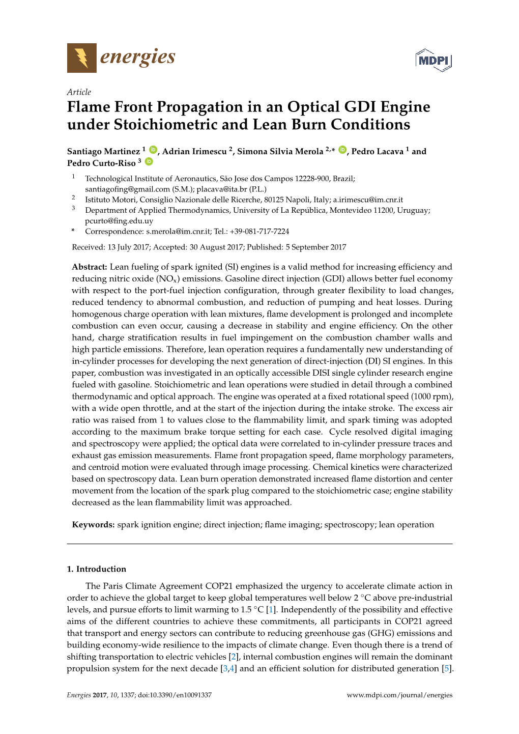 Flame Front Propagation in an Optical GDI Engine Under Stoichiometric and Lean Burn Conditions