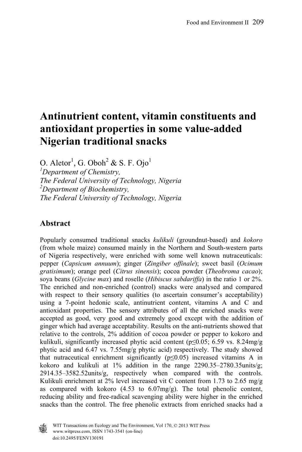 Antinutrient Content, Vitamin Constituents and Antioxidant Properties in Some Value-Added Nigerian Traditional Snacks