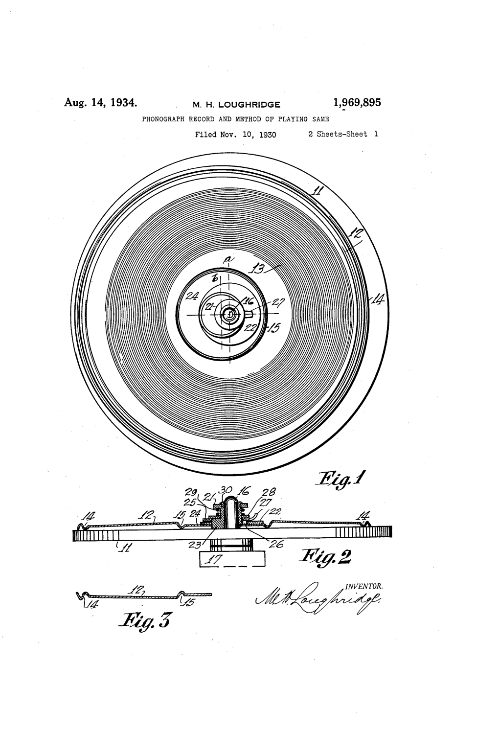 Aug. 14, 1934. M. H. LOUGHRIDGE 1969,895 PHONOGRAPH RECORD and METHOD of PLAYING SAME Filed Nov