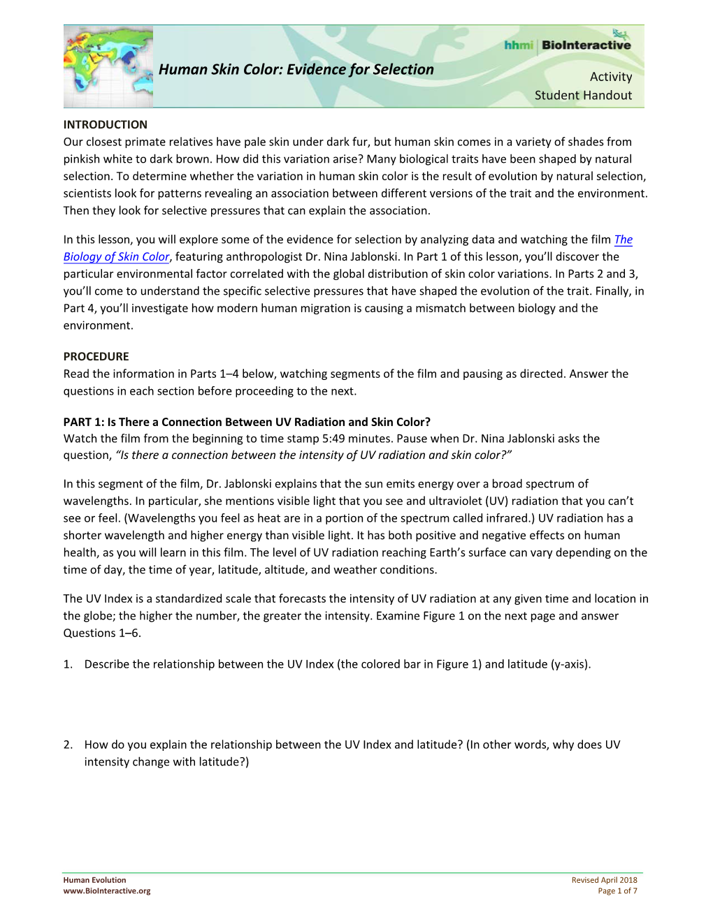 Human Skin Color: Evidence for Selection Activity Student Handout