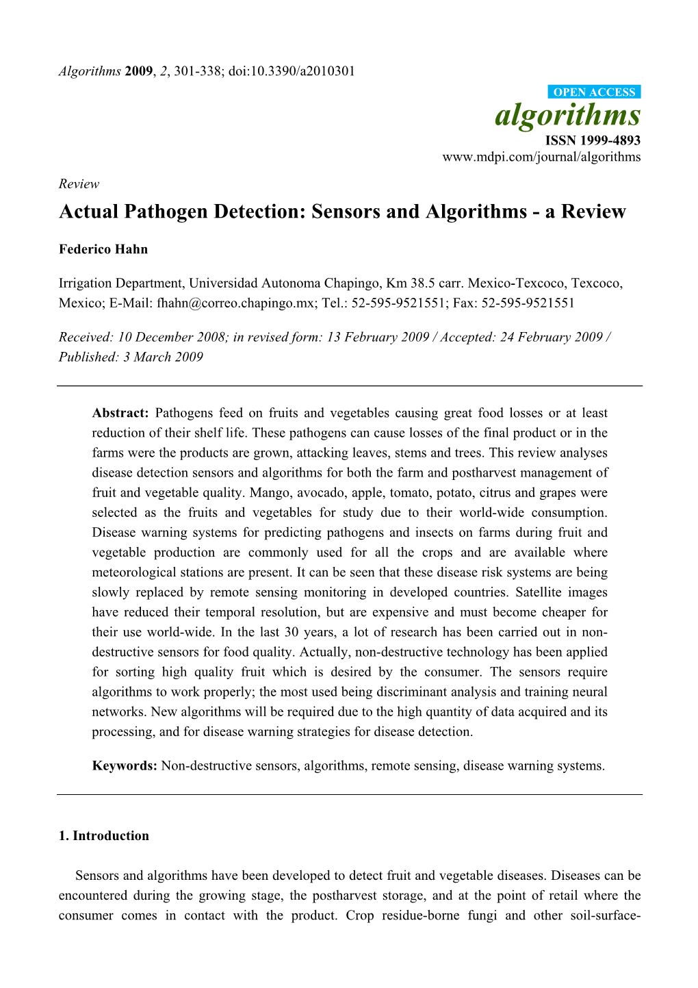 Actual Pathogen Detection: Sensors and Algorithms - a Review
