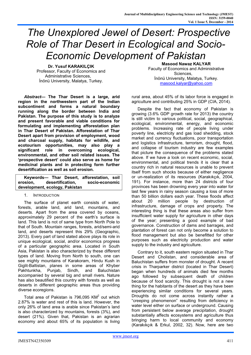 Prospective Role of Thar Desert in Ecological and Socio- Economic Development of Pakistan Masood Nawaz KALYAR Dr