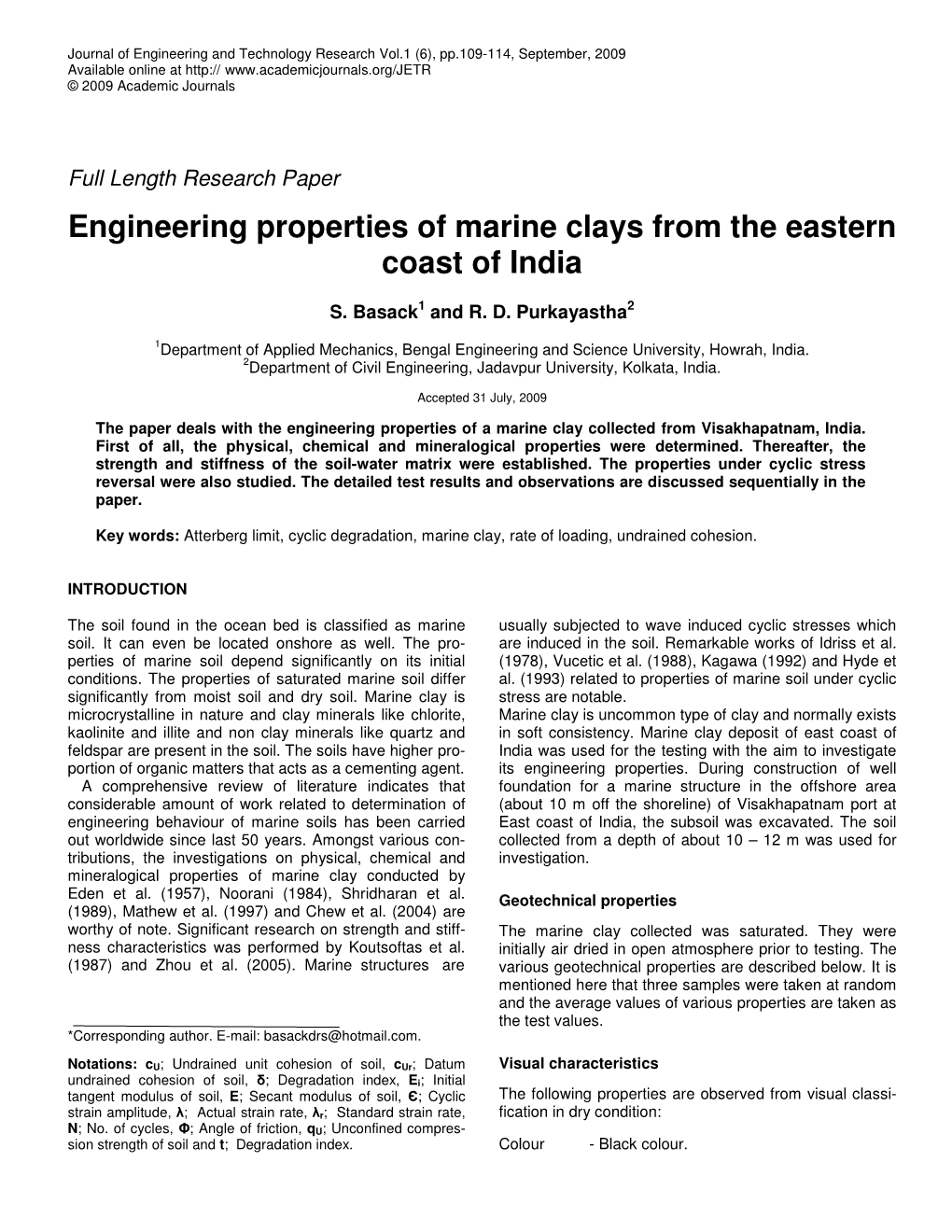 Engineering Properties of Marine Clays from the Eastern Coast of India