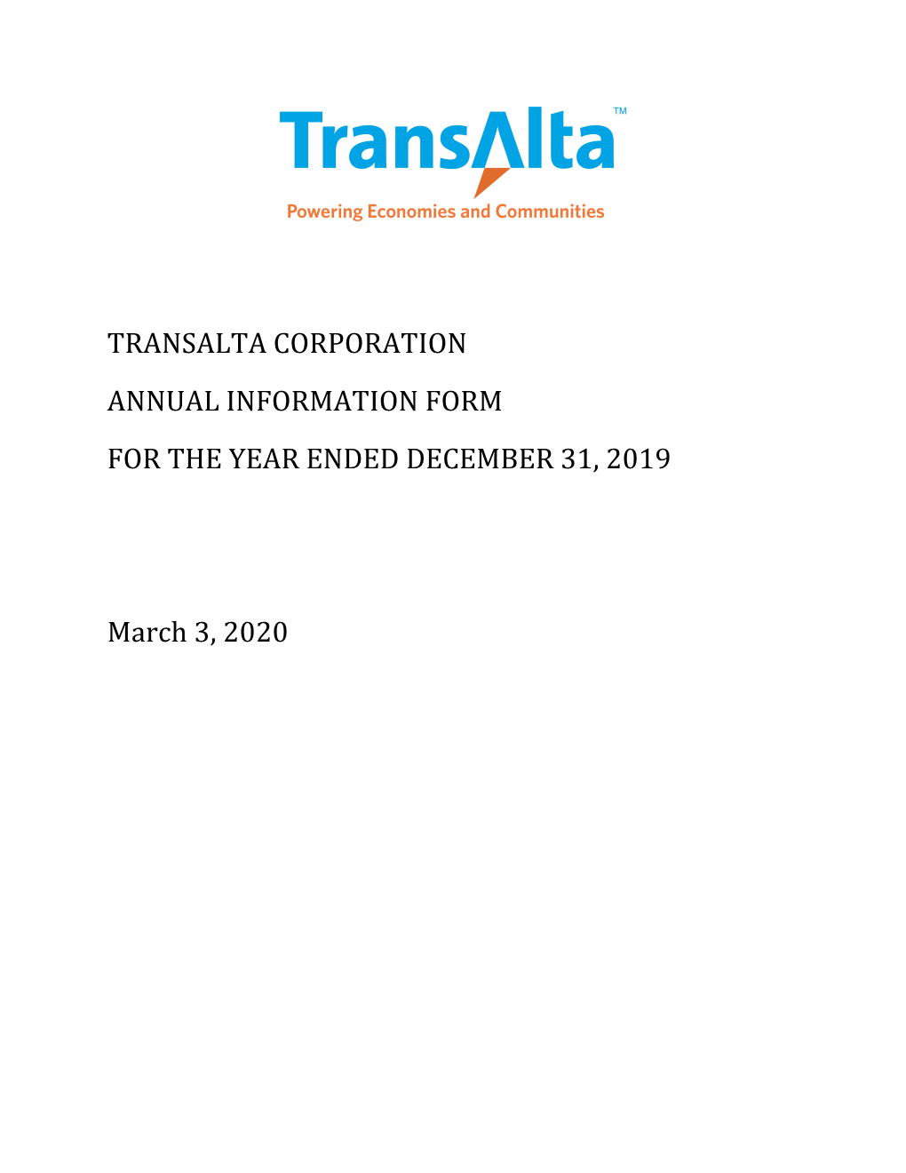 Transalta Corporation Annual Information Form for the Year Ended December 31, 2019