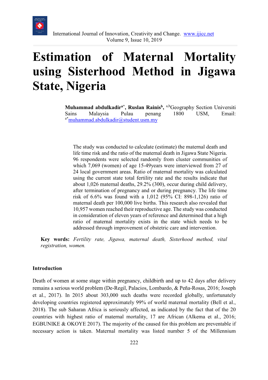 Estimation of Maternal Mortality Using Sisterhood Method in Jigawa State, Nigeria