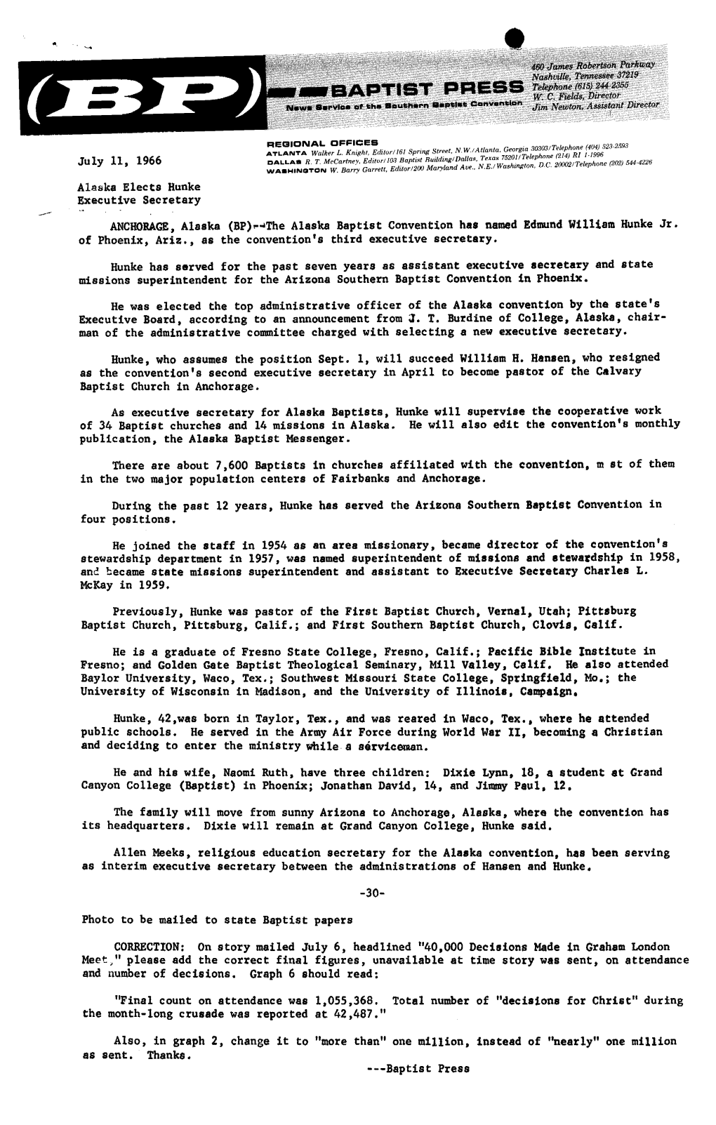 July 11, 1966 Alaska Elects Hunke Executive Secretary