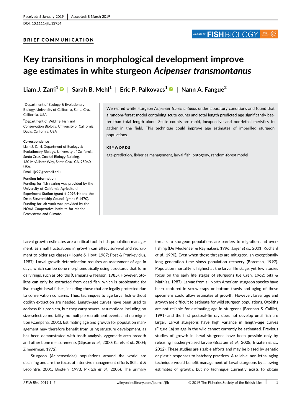 Key Transitions in Morphological Development Improve Age Estimates in White Sturgeon Acipenser Transmontanus