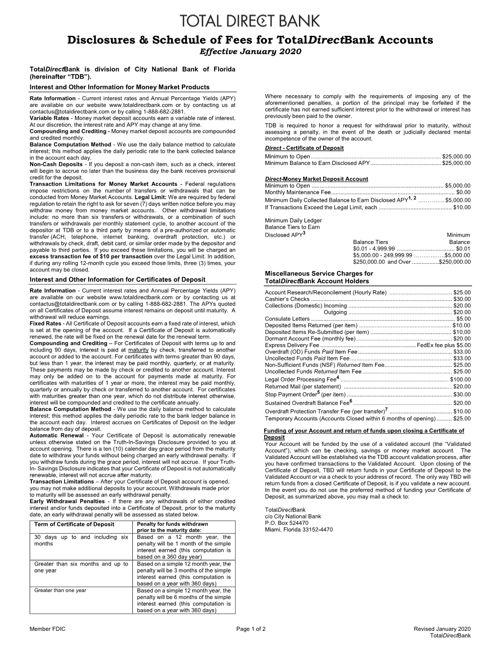 Disclosures& Schedule Offeesfor Totaldirectbank Accounts