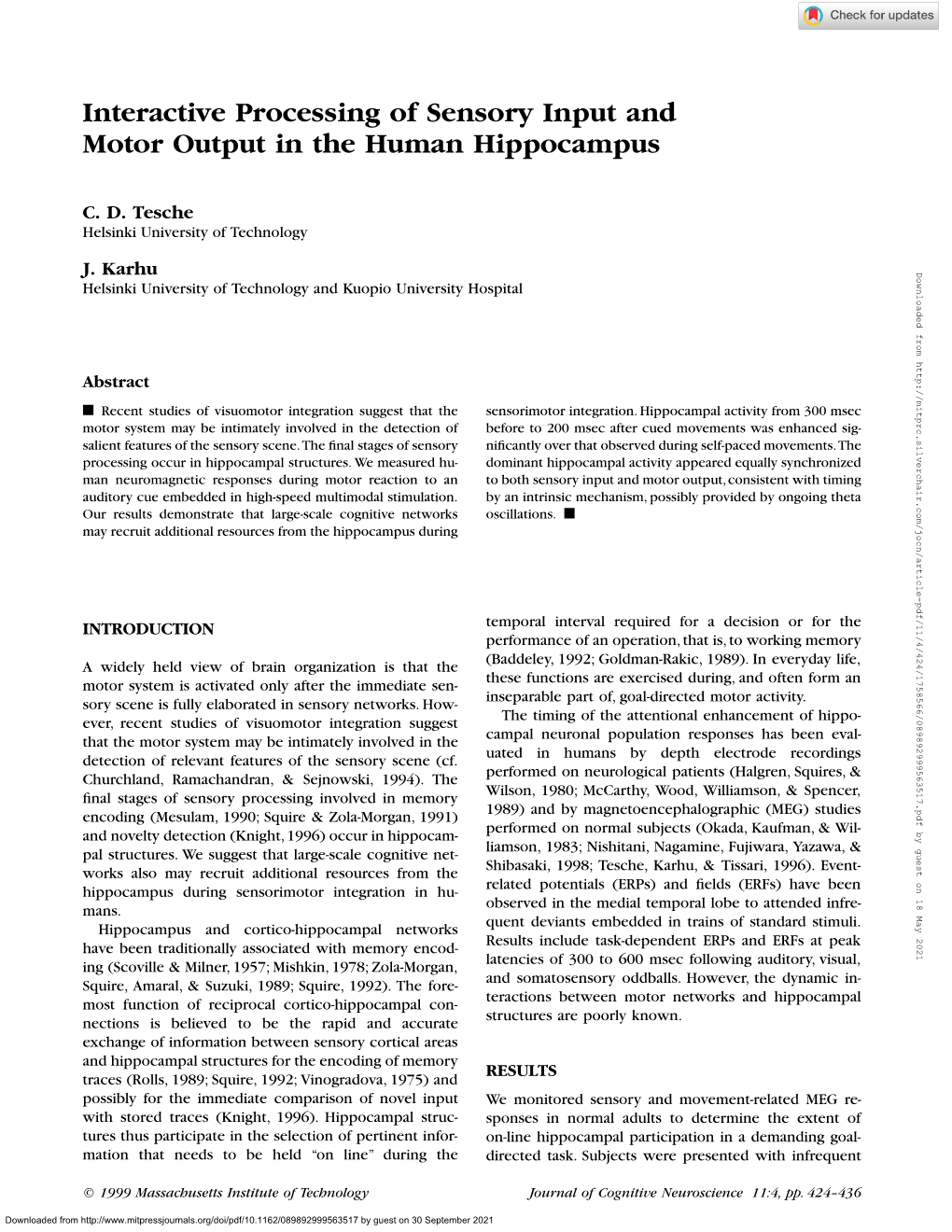 Interactive Processing of Sensory Input and Motor Output in the Human Hippocampus