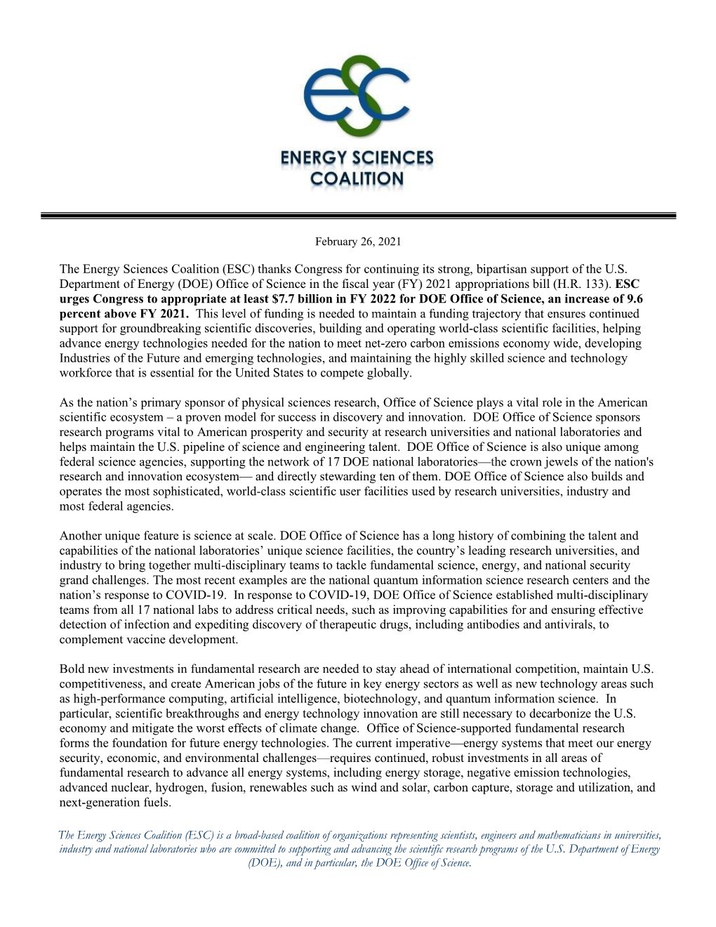 Energy Sciences Coalition (ESC) Thanks Congress for Continuing Its Strong, Bipartisan Support of the U.S