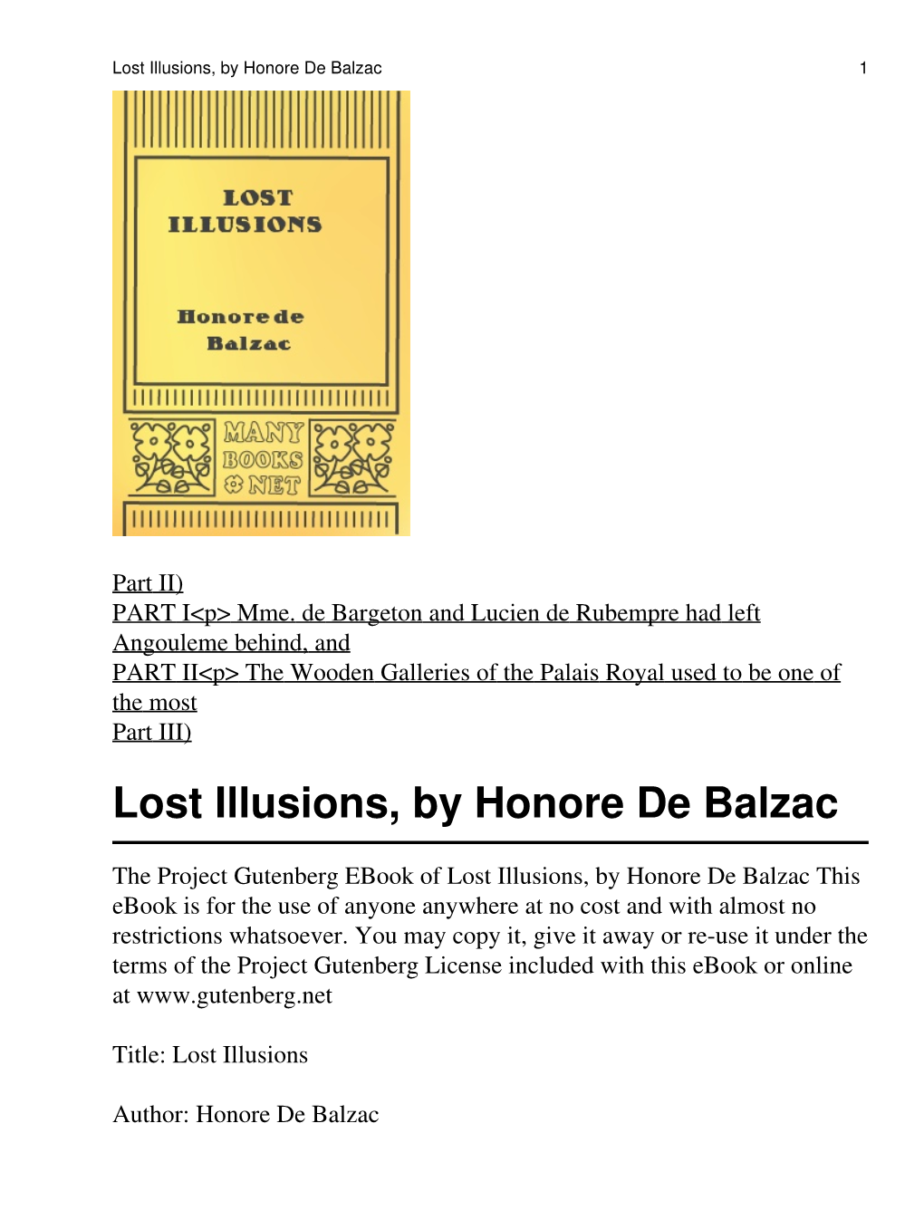 Lost Illusions, by Honore De Balzac 1