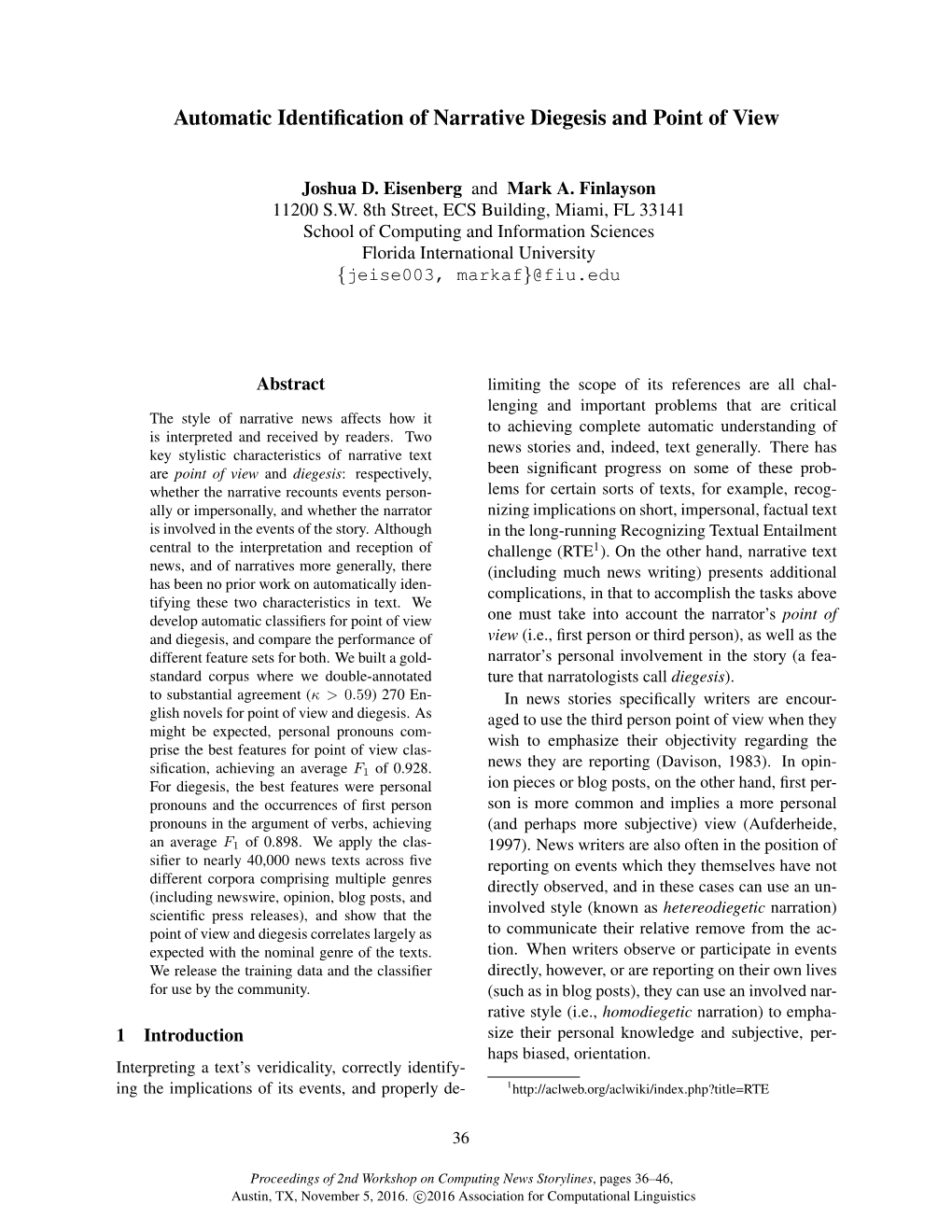 Automatic Identification of Narrative Diegesis and Point of View