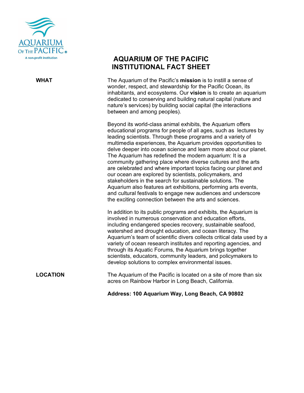 Aquarium of the Pacific Institutional Fact Sheet