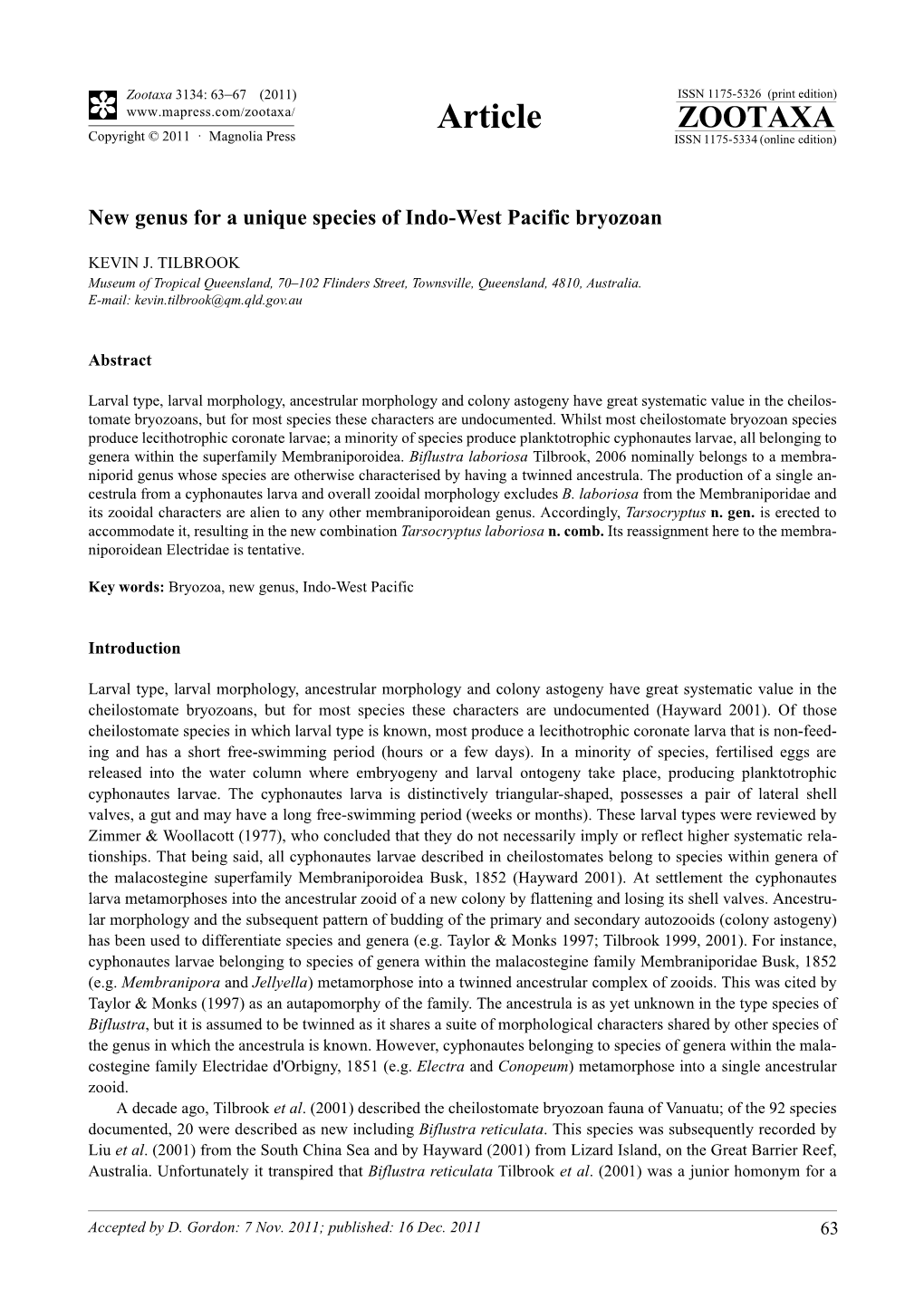 New Genus for a Unique Species of Indo-West Pacific Bryozoan