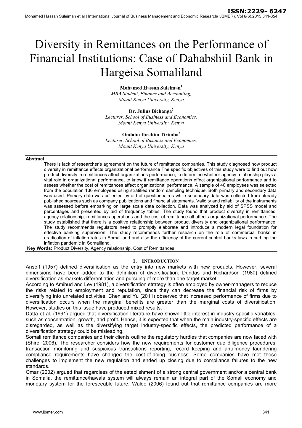 Diversity in Remittances on the Performance of Financial Institutions: Case of Dahabshiil Bank in Hargeisa Somaliland