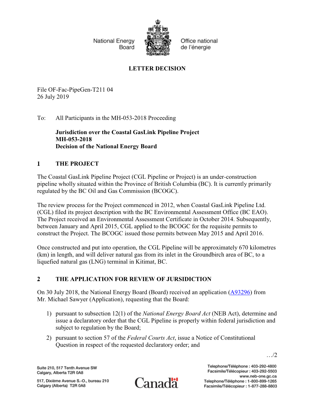 Participants in the MH-053-2018 Proceeding Jurisdiction Over T