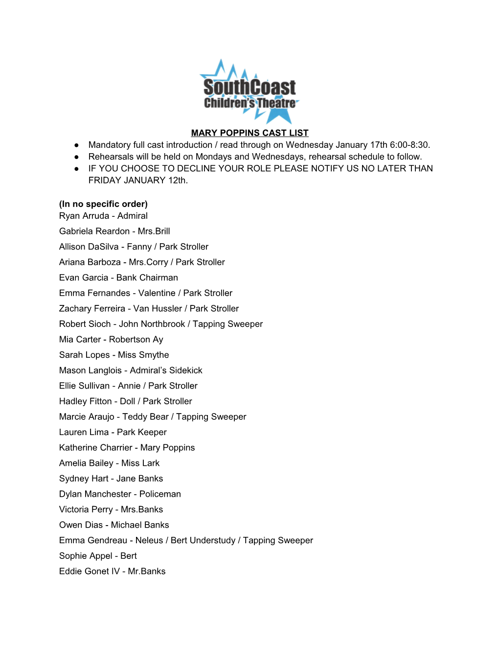 Mary Poppins Cast List