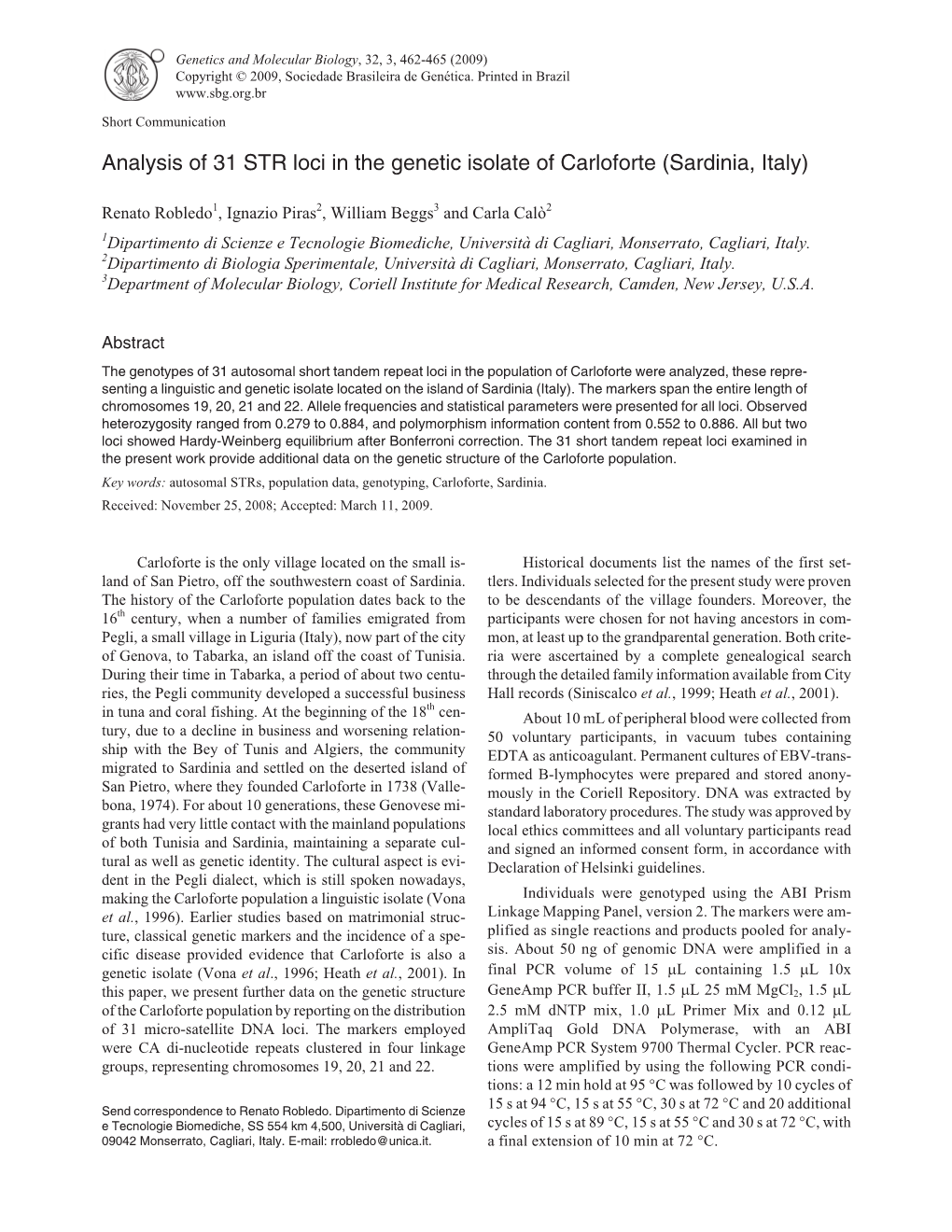 Analysis of 31 STR Loci in the Genetic Isolate of Carloforte (Sardinia, Italy)