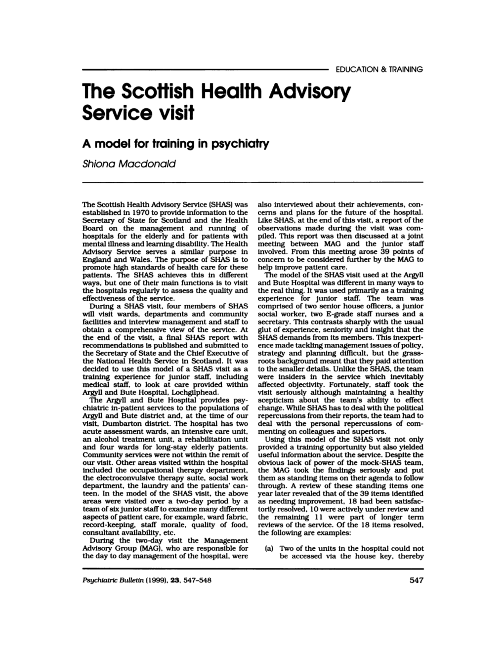 The Scottish Health Advisory Service Visit