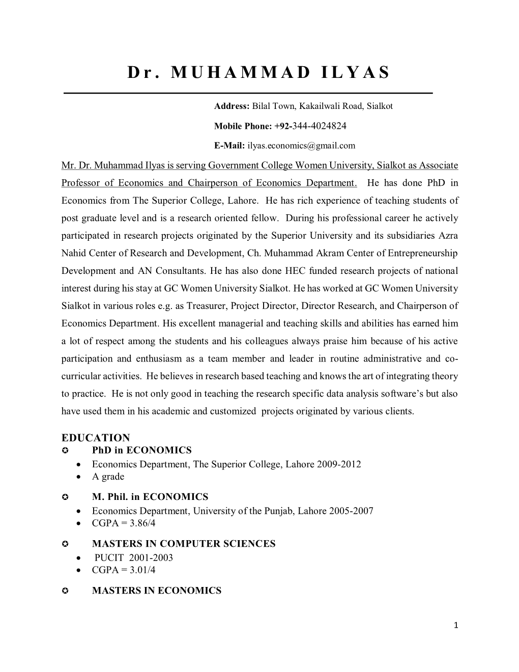 Dr. Muhammad Ilyas Is Serving Government College Women University, Sialkot As Associate Professor of Economics and Chairperson of Economics Department