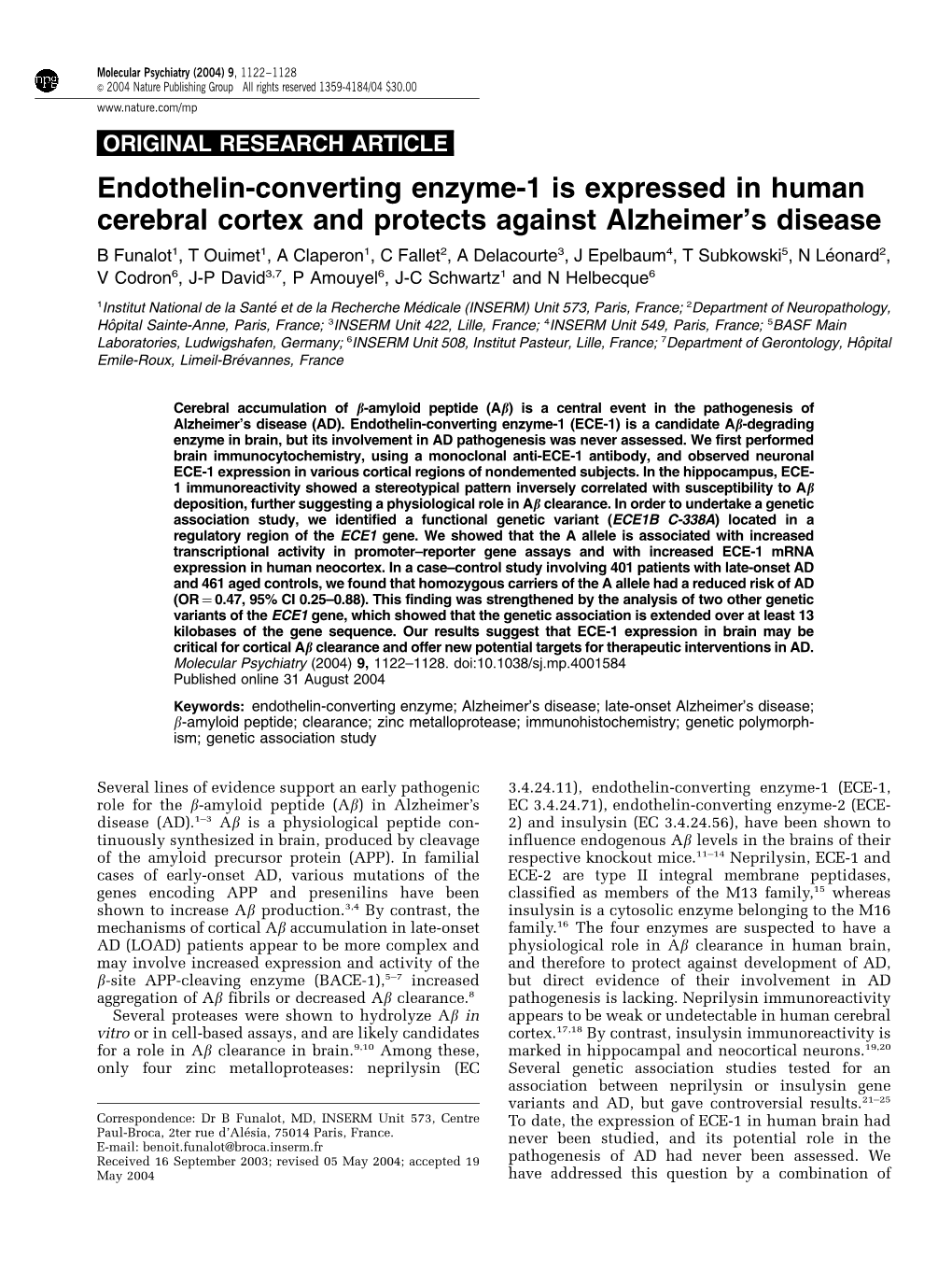Endothelin-Converting Enzyme-1 Is Expressed in Human Cerebral Cortex and Protects Against Alzheimer's Disease