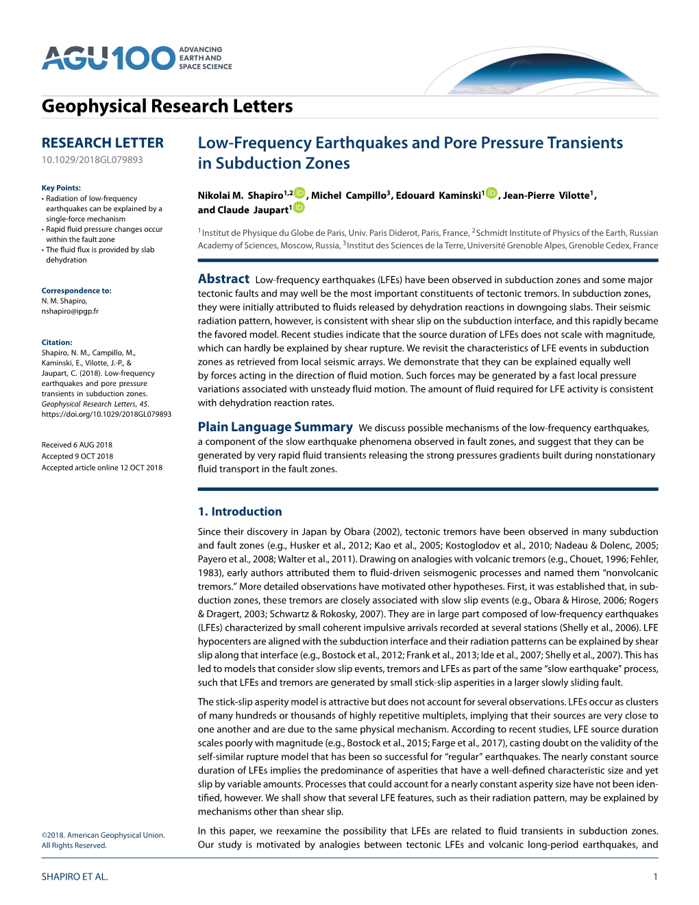 Low-Frequency Earthquakes and Pore Pressure Transients In