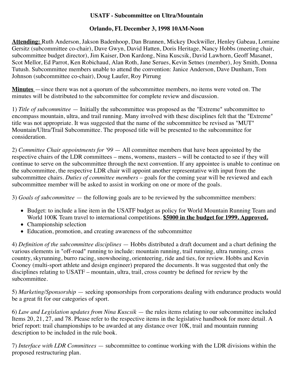 1998 USATF MUT Subcommittee Minutes