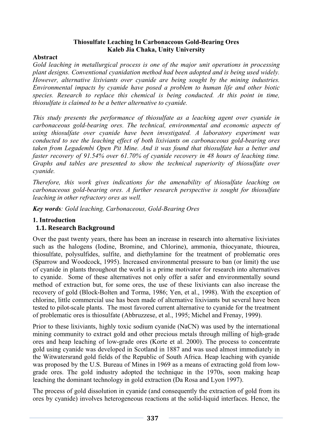 337 Thiosulfate Leaching in Carbonaceous Gold-Bearing Ores