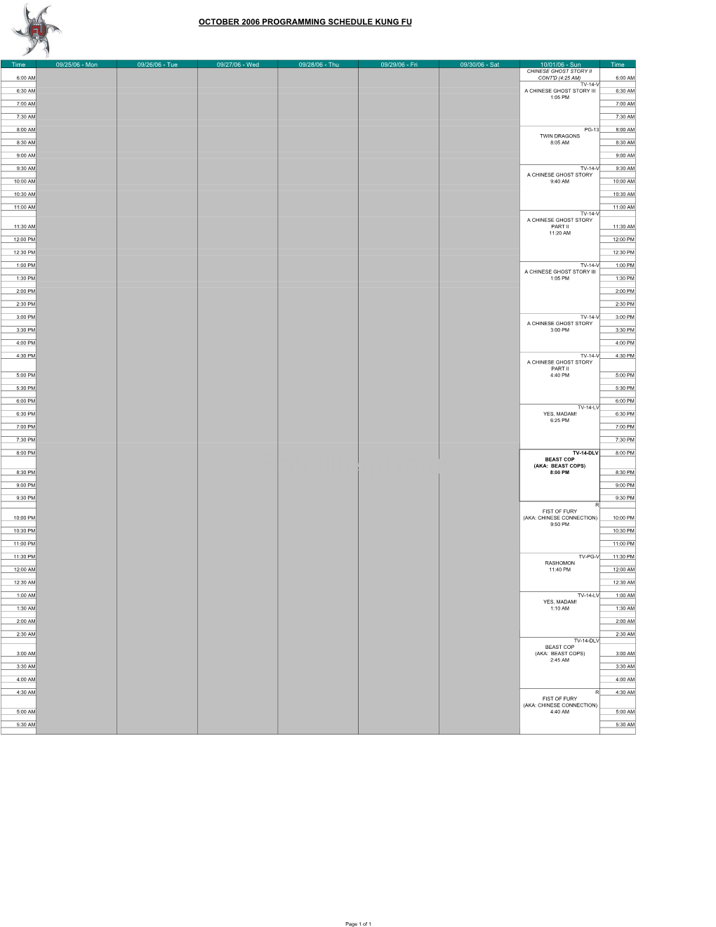 2006 October Kung Fu Schedule