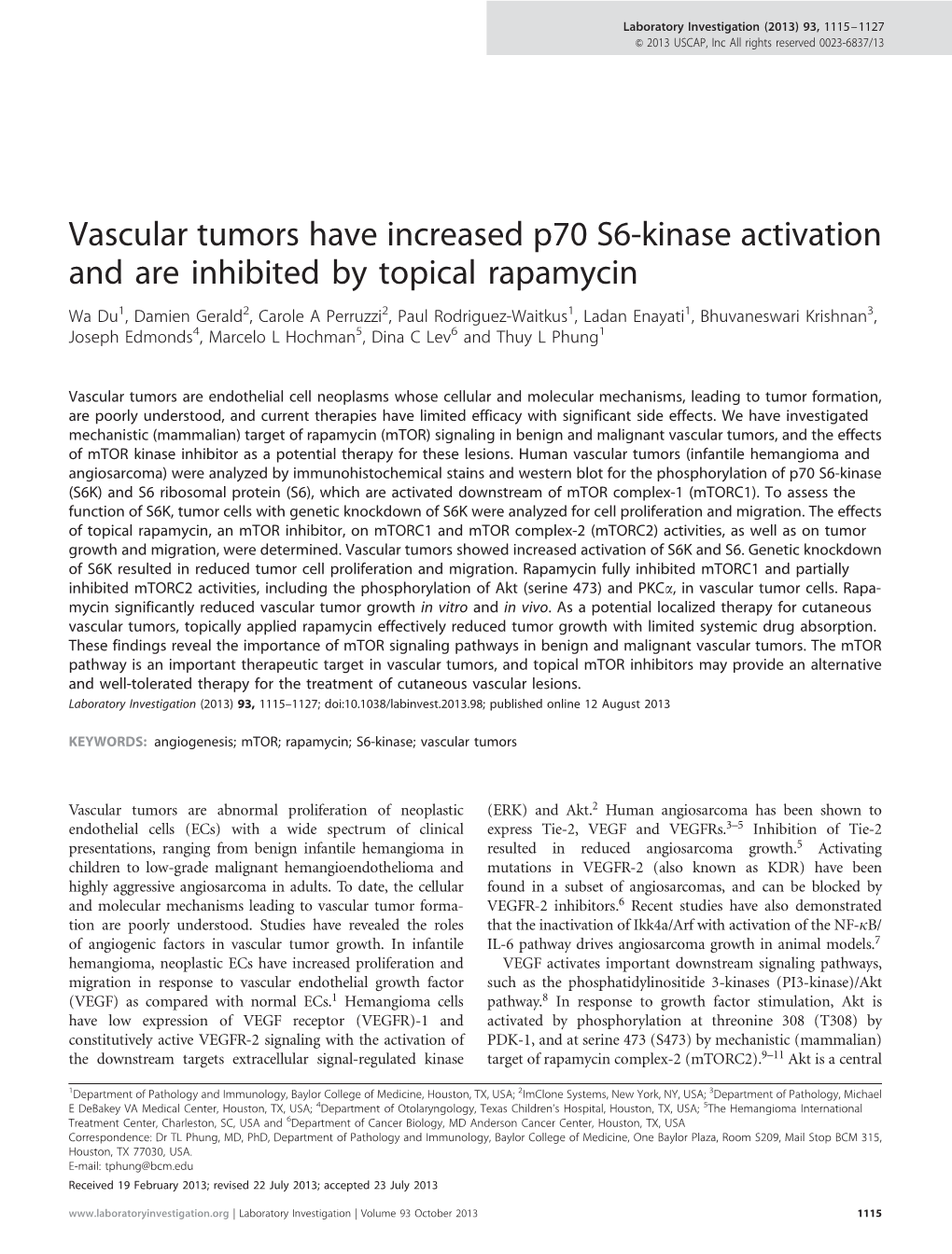 Vascular Tumors Have Increased P70 S6-Kinase Activation and Are Inhibited by Topical Rapamycin